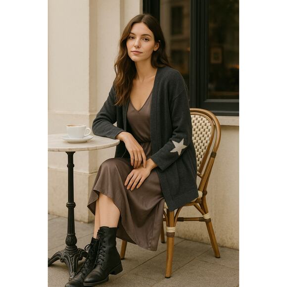 RENE VAN DER WIJCK Lambswool Blend Open Cardigan Sweater M Star Elbow Knit Gray - Picture 1 of 9